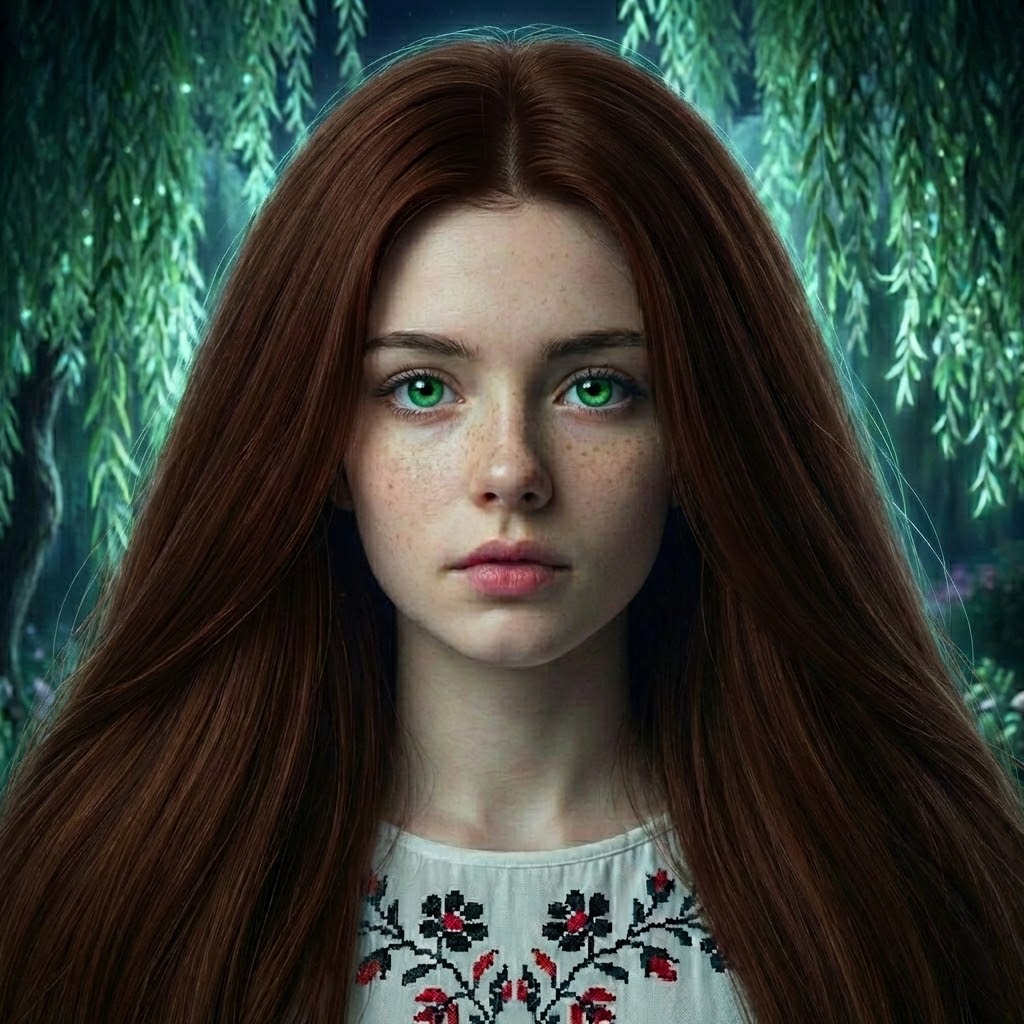 Ora's Secret Garden avatar — a young woman with long auburn hair and green eyes, wearing a traditional Ukrainian vyshyvanka, surrounded by willow branches